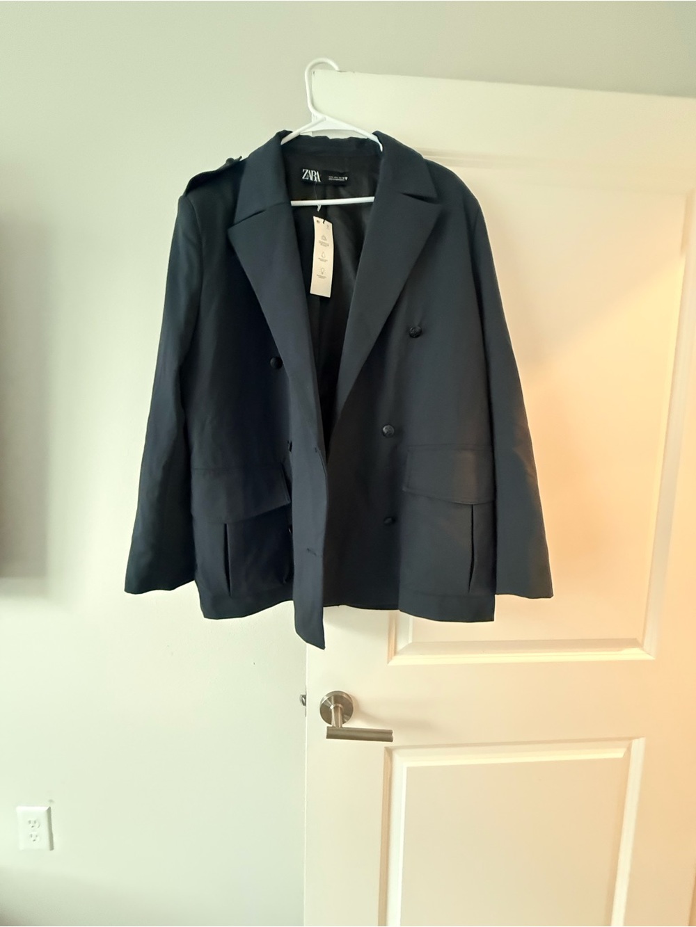 ZARA Men's Double-Breasted Pea Coat in Navy